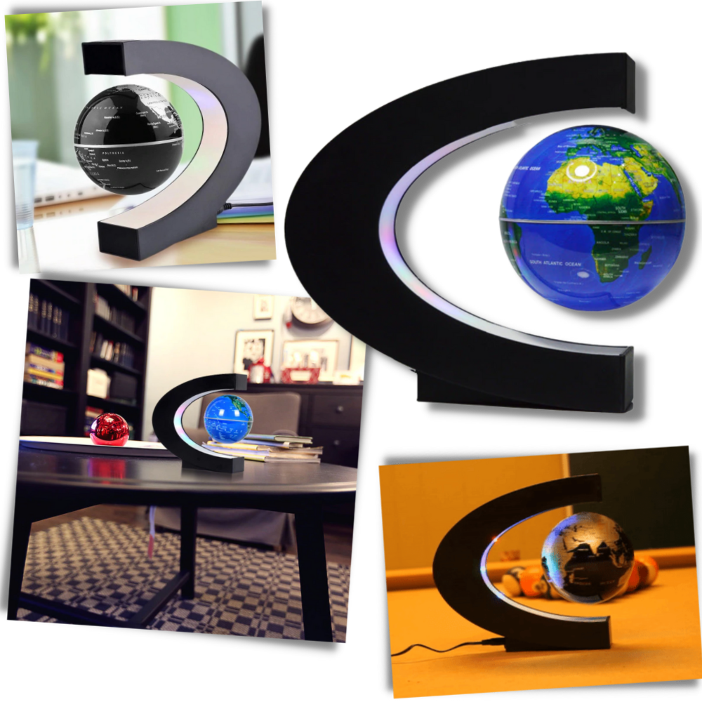 Globo terrestre magnético com iluminação LED em levitação, marca Floorora, com mapa-múndi detalhado.