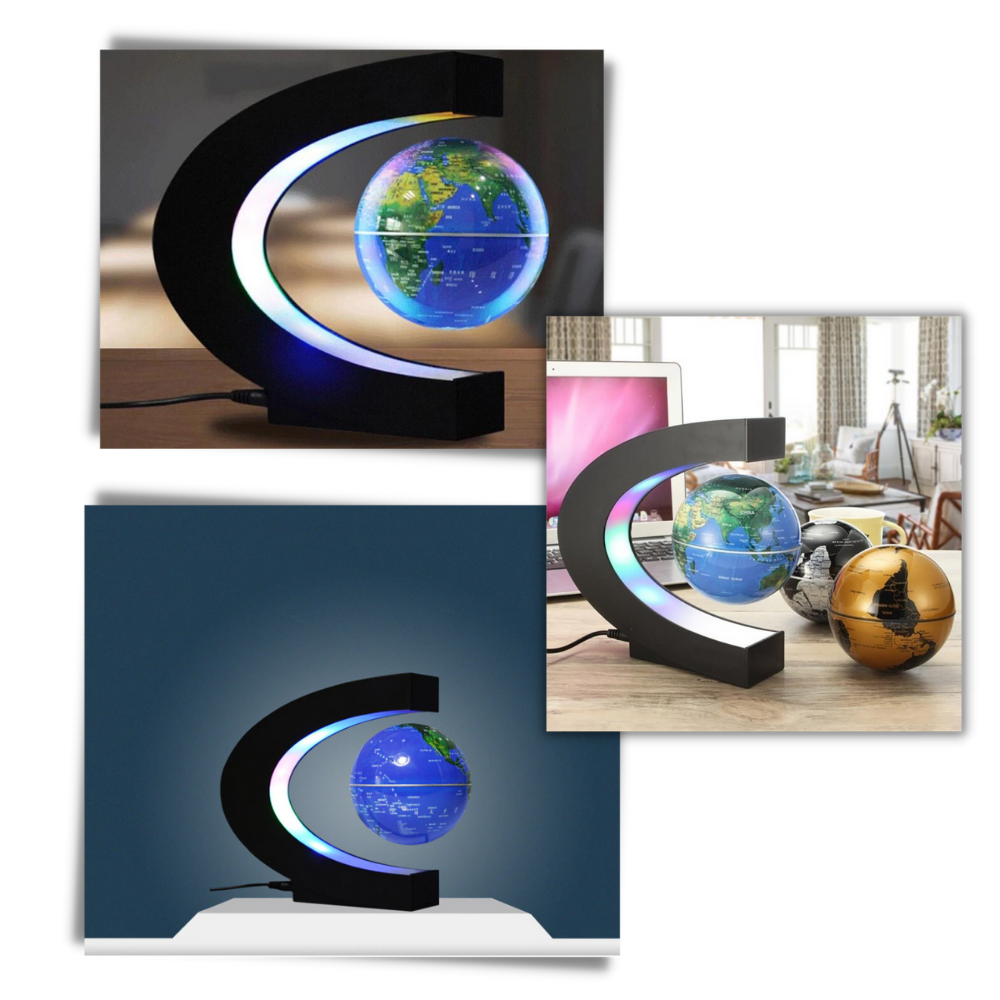 Globo terrestre magnético com luz LED em levitação, marca Floorora, mostrando mapa-múndi em detalhes visíveis.