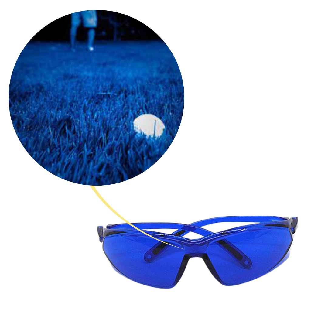 Óculos de busca de bolas de golfe Sharper Image com lentes azuis para localizar bolas facilmente no campo de golfe.