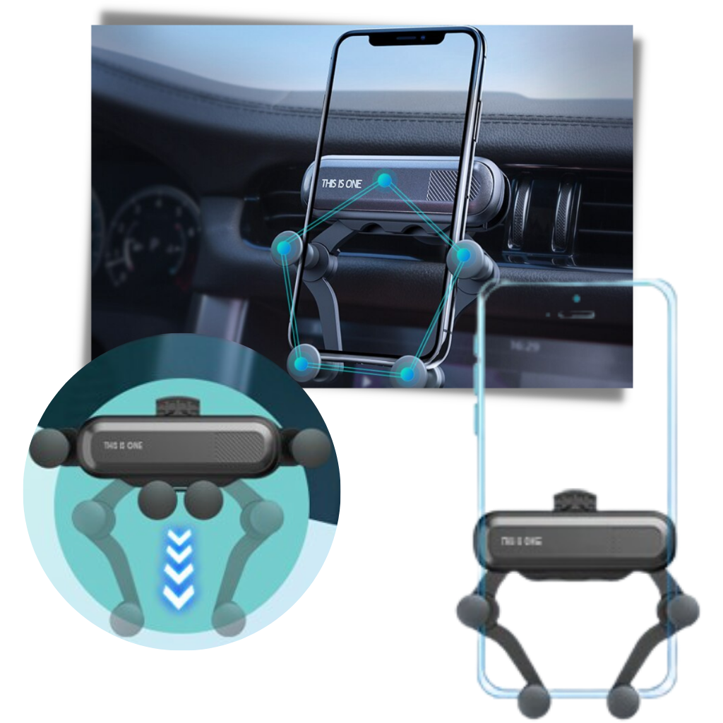 Suporte de telefone de carro por gravidade da Coutlet, estrutura de 5 pontos para fixação segura do celular.