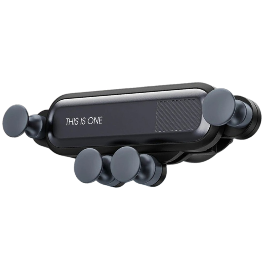Suporte de telefone de carro por gravidade da Coutlet, compatível com smartphones, fixação segura e design preto elegante.