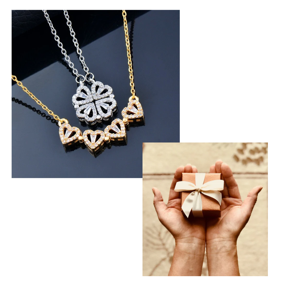 Colar em forma de coração com folha de quatro, joia delicada da marca Jsqnanchi, destaque para o design elegante e delicado.