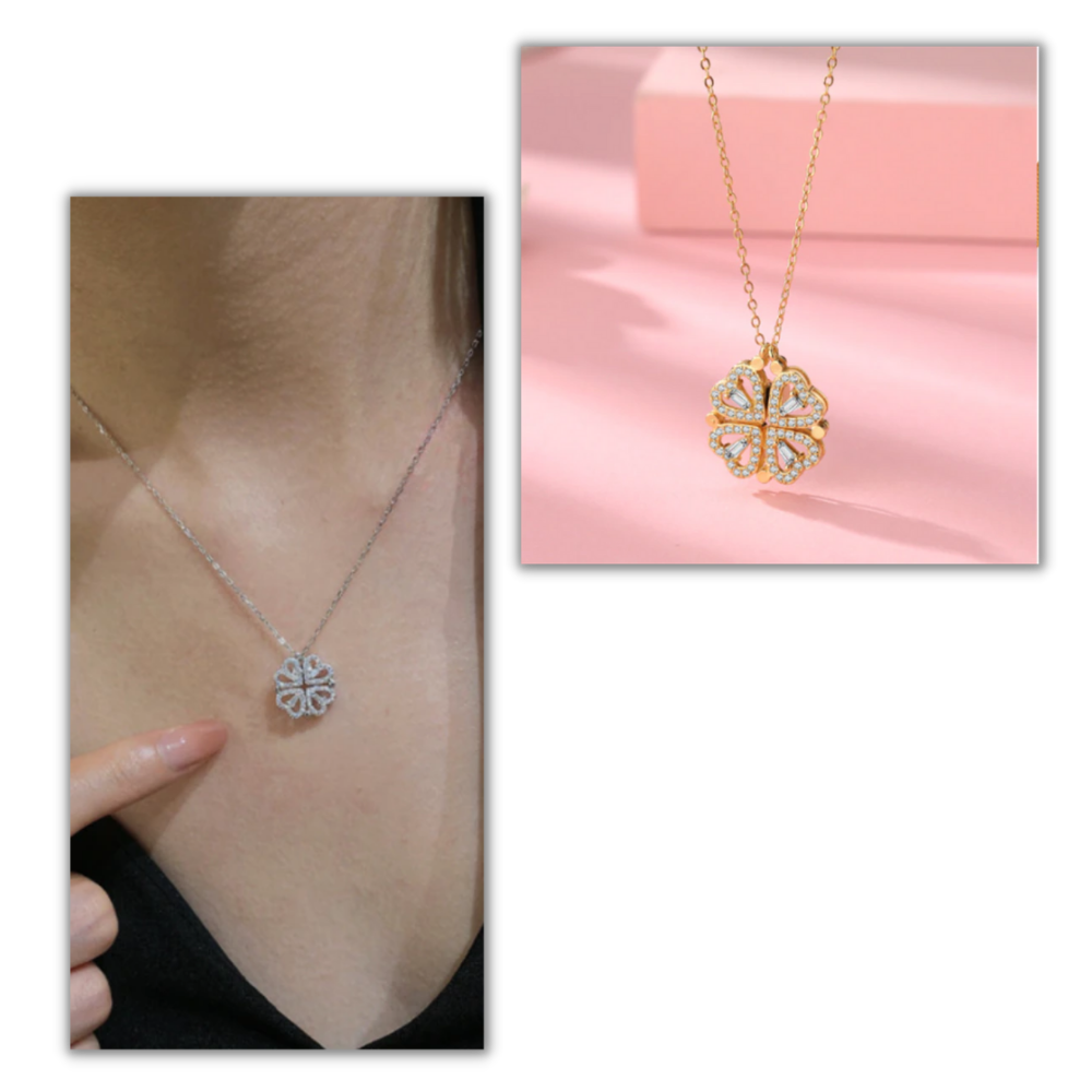 Colar em forma de coração com quatro folhas, joia delicada da marca Jsqnanchi, detalhe em material brilhante.