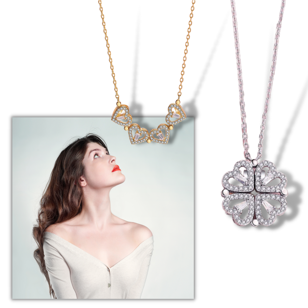 Colar em forma de coração com quatro folhas, joia delicada da marca Jsqnanchi, destaque em estilo elegante e feminino.