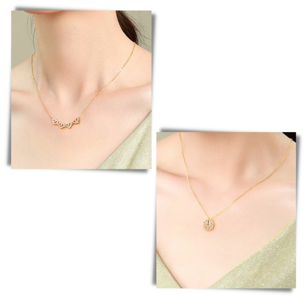 Colar em forma de coração com quatro folhas, joia delicada da marca Jsqnanchi, com design elegante e detalhes sofisticados.