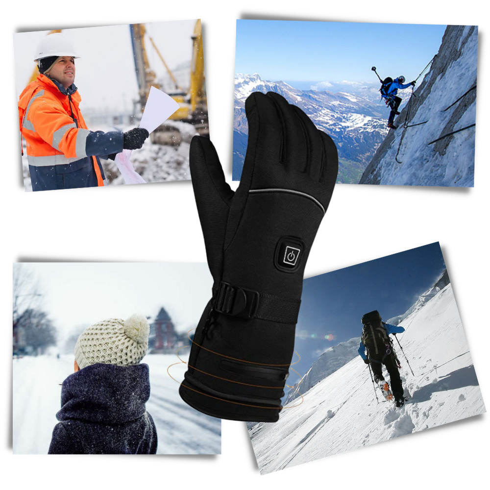 Luvas elétricas aquecidas de inverno da marca Generic, mostrando o design das luvas e detalhes do sistema de aquecimento.