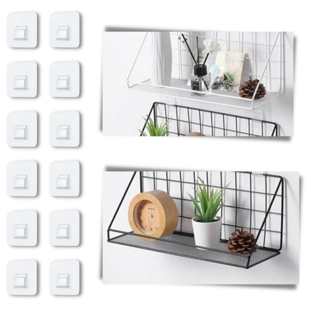 Conjunto de ganchos adesivos de parede para organização, marca Kexpery, mostrando os ganchos fixados na parede.