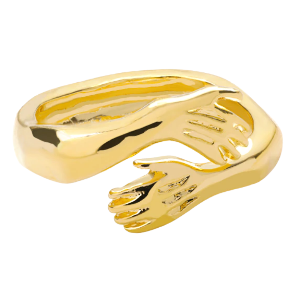 Anel de abraço criativo da Jingyukj em acabamento dourado, com design que simboliza afeto e conexão.