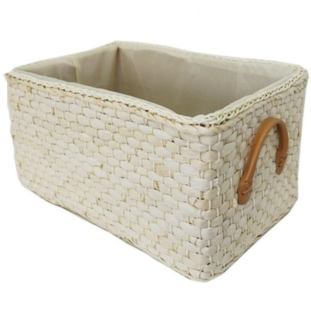Cesto de vime trançado feito à mão, branco, da marca Frcolor, com detalhes de fibras naturais e alça resistente.