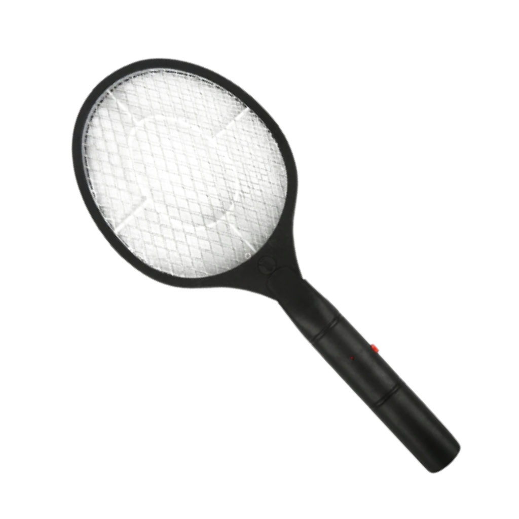 Raquete anti-mosquitos Rikastua elétrica portátil, desinsetizadora de mão com bateria, preta para eliminar insetos voadores.