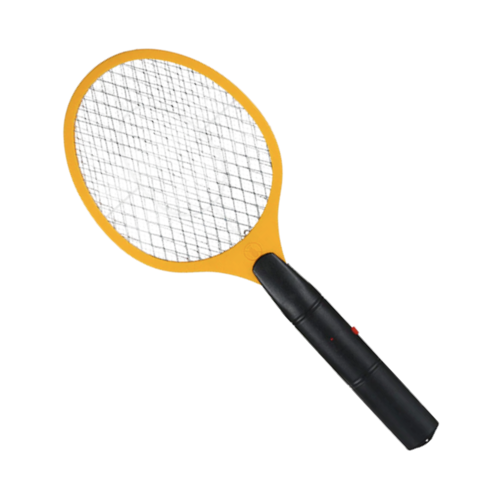 Raquete anti-mosquitos elétrica portátil Rikastua de cor amarela, usada para desinsetizar e eliminar mosquitos.