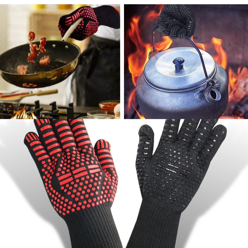 Luvas de churrasco resistentes ao calor Peantoia, acessório para pequeno eletrodoméstico, mãos segurando grelha de churrasco.