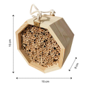 Casa de madeira hexagonal para abelhas, produto de desinsetização da marca Stibadium, com detalhes das dimensões.