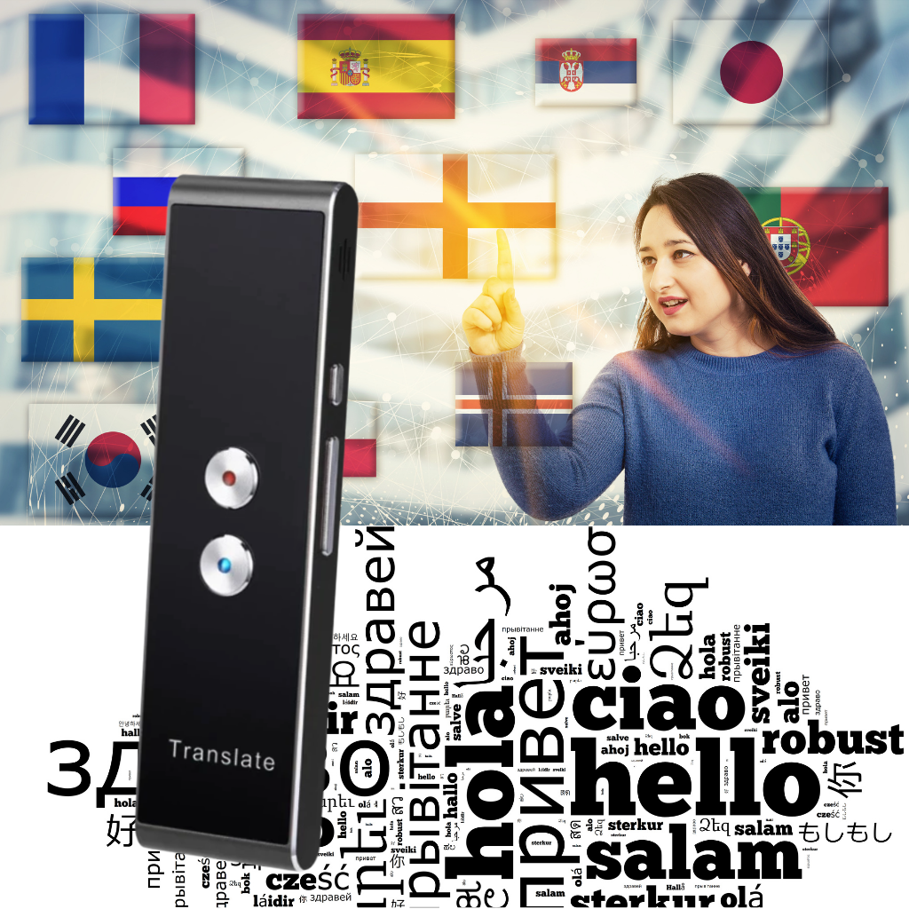 Tradutor vocal instantâneo da Sxjdwz, dispositivo eletrônico multilíngue com suporte para múltiplos idiomas.
