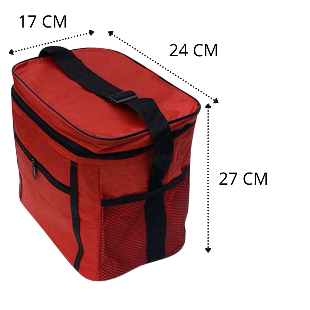 Bolsa térmica Laidan para alimentos e bebidas, suporte isolante para refeições e bebidas, com dimensões visíveis na imagem.