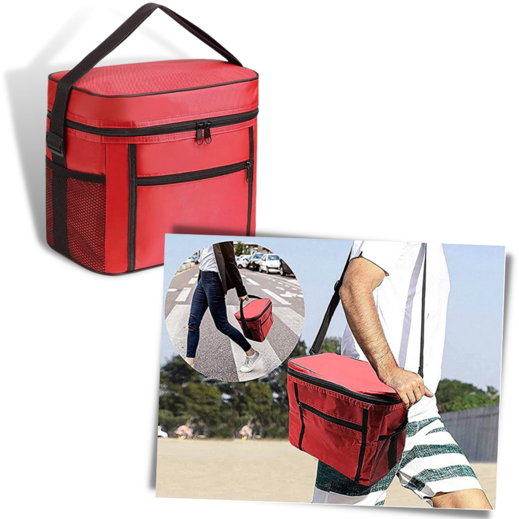 Sac à repas isotherme Laidan com alça ajustável, bolso externo e compartimento para alimentos e bebidas.
