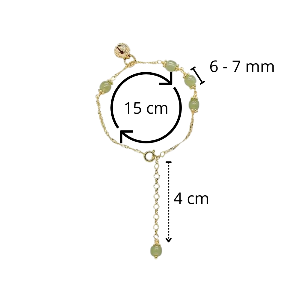 Pulseira de jade Hetian com sino em brassel falx, detalhe de sino e acabamento elegante em pedra natural.