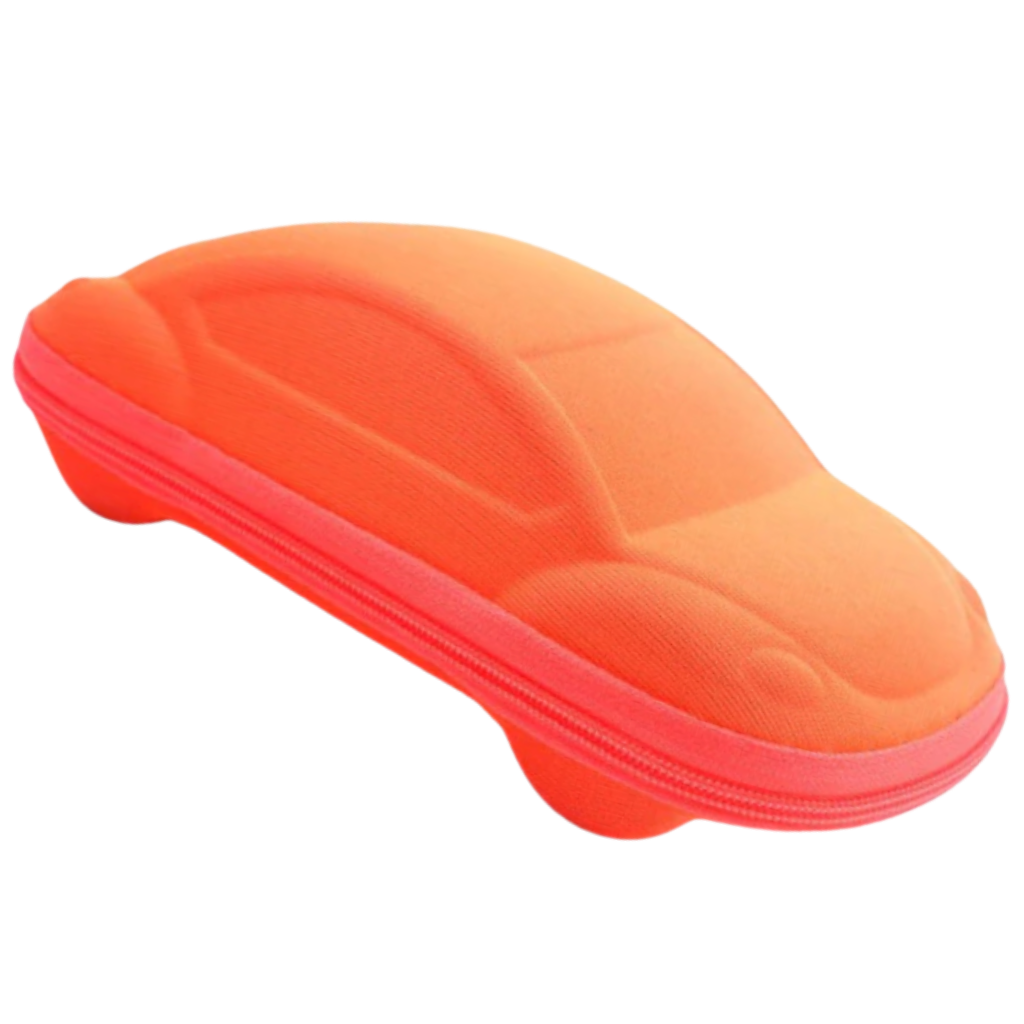 Estojo de óculos de sol infantil da Wellpaid Entity, em cor laranja, para proteger e guardar óculos de crianças.