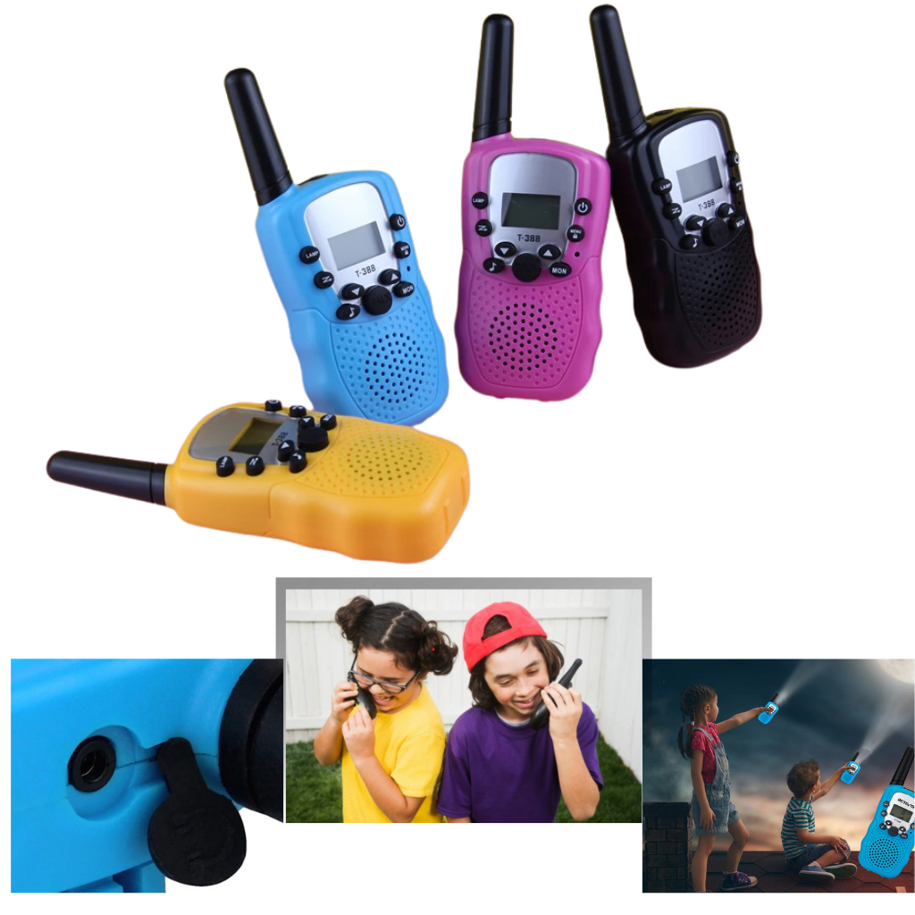 Par de brinquedos walkie-talkies para crianças Retevis, com design colorido e botões para comunicação fácil e divertida.