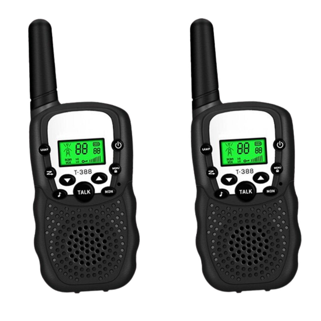 Par de walkie-talkies Retevis para crianças, brinquedo de comunicação preto, com botões e antenas visíveis na imagem.