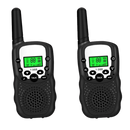 Par de walkie-talkies Retevis para crianças, brinquedo de comunicação preto, com botões e antenas visíveis na imagem.