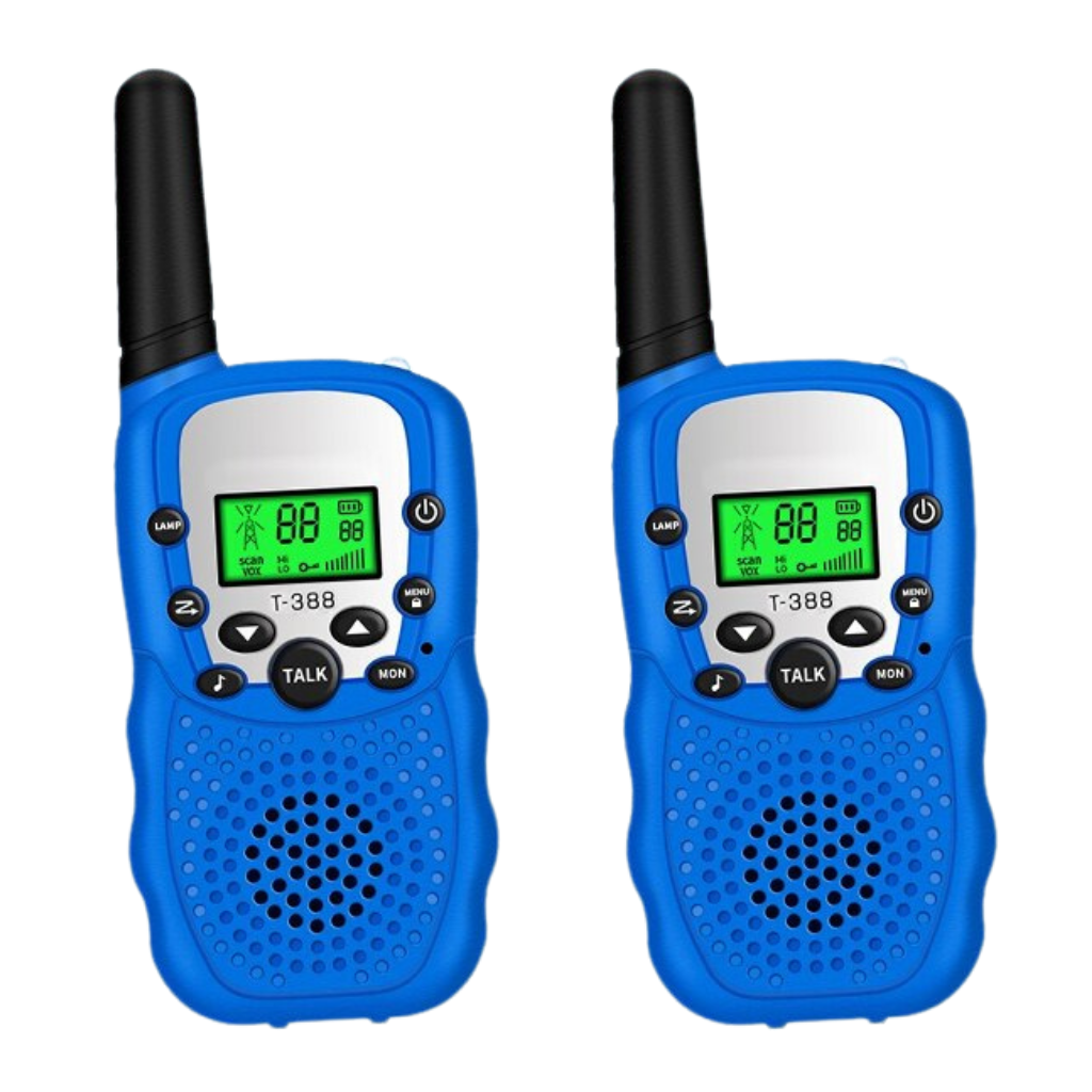 Par de walkie-talkies para crianças da marca Retevis, brinquedos azuis com botões e antenas, ideal para brincadeiras ao ar livre.