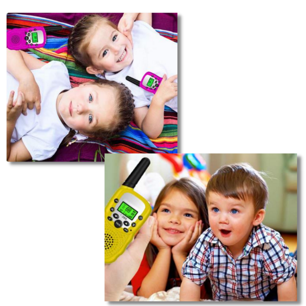 Par de walkie-talkies Retevis para crianças, brinquedos educativos com design colorido e botões de comunicação.