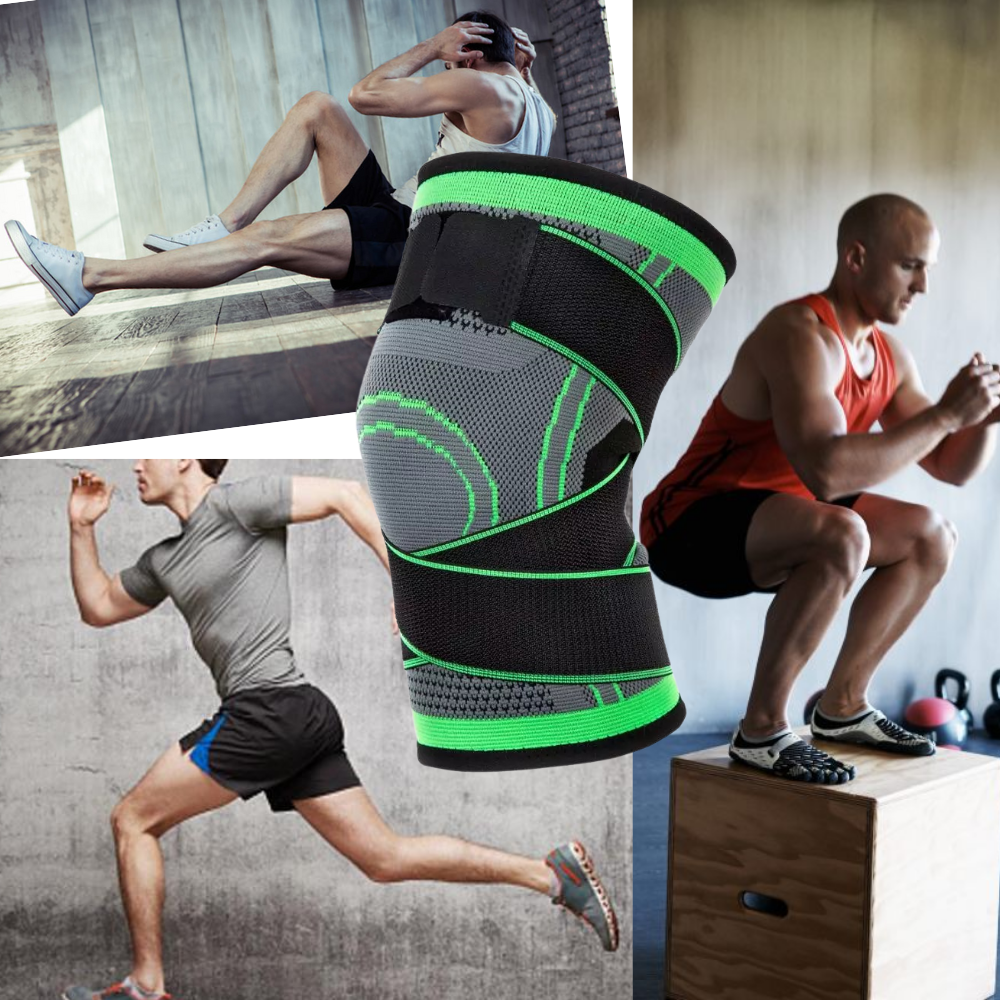 Dobrador de compressão para o joelho da marca Mumian, roupa de fitness e esportes, mostrando o suporte ao joelho em uso