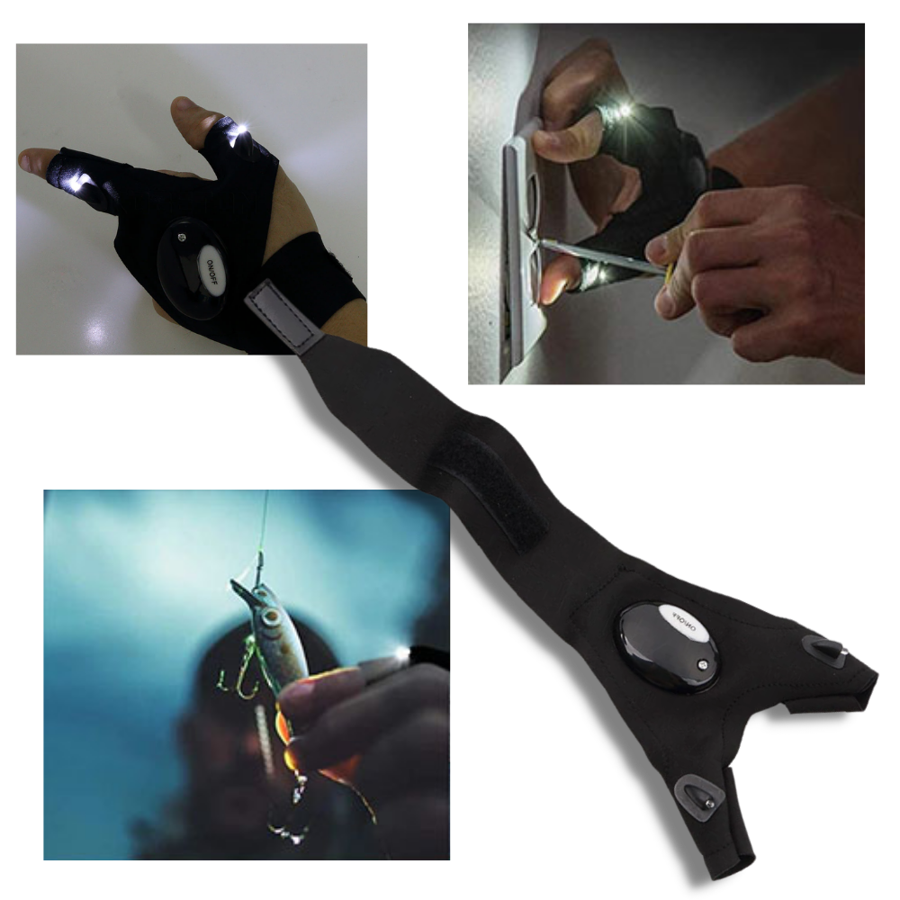 Luvas com LEDs à prova d'água para camping e caminhada, marca Countdown, mostrando luzes brilhantes e design resistente.