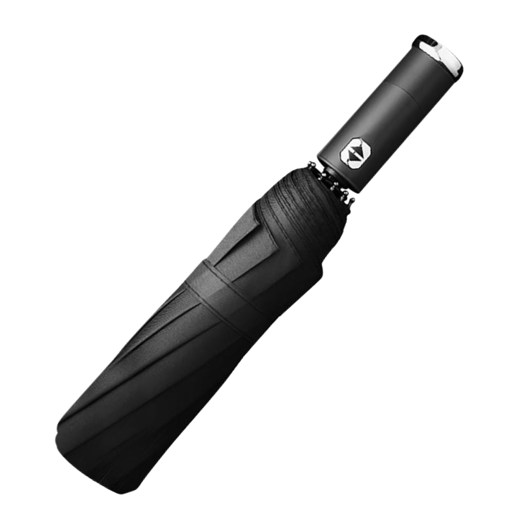Guarda-chuva preto com LEDs resistentes ao vento, ideal para chuva e sol, da marca Cn, com estrutura robusta e design moderno.