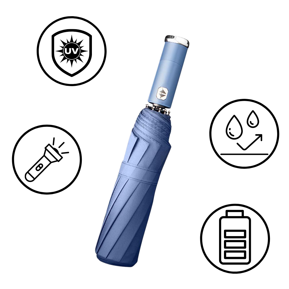 Guarda-chuva com LED resistente ao vento, ideal para chuva e sol, marca Cn, com iluminação integrada e design durável.