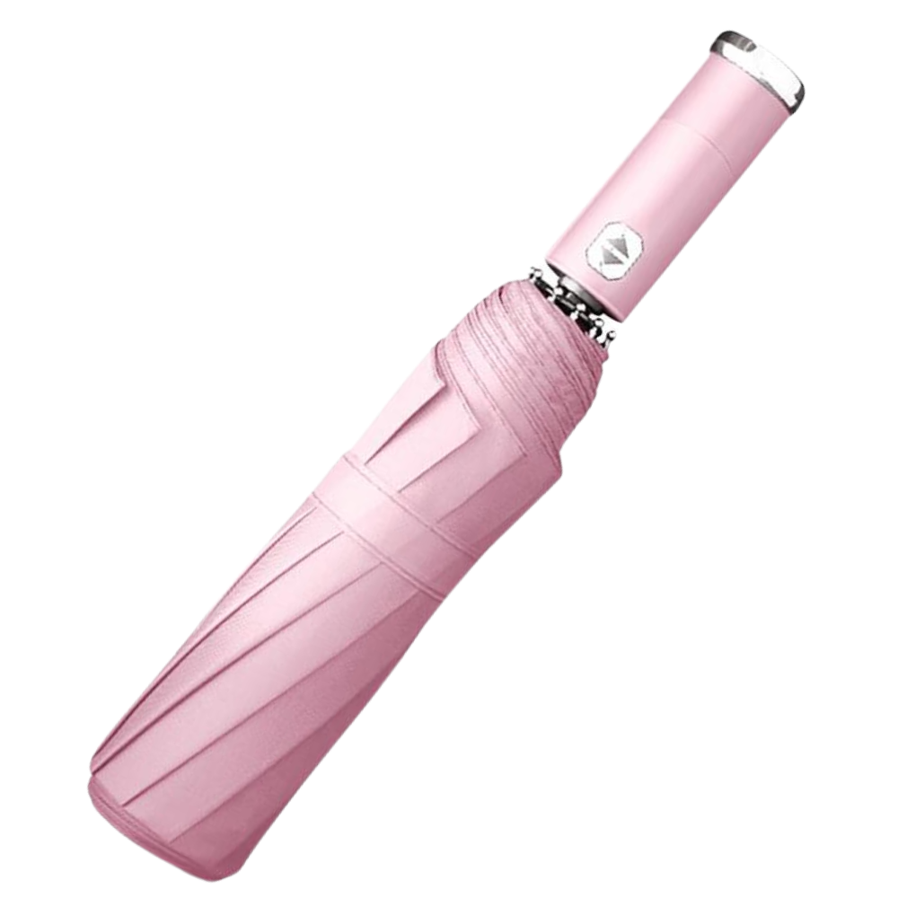Guarda-chuva LED rosa resistente ao vento, ideal para chuva e sol, com iluminação integrada, marca Cn, em imagem colorida.