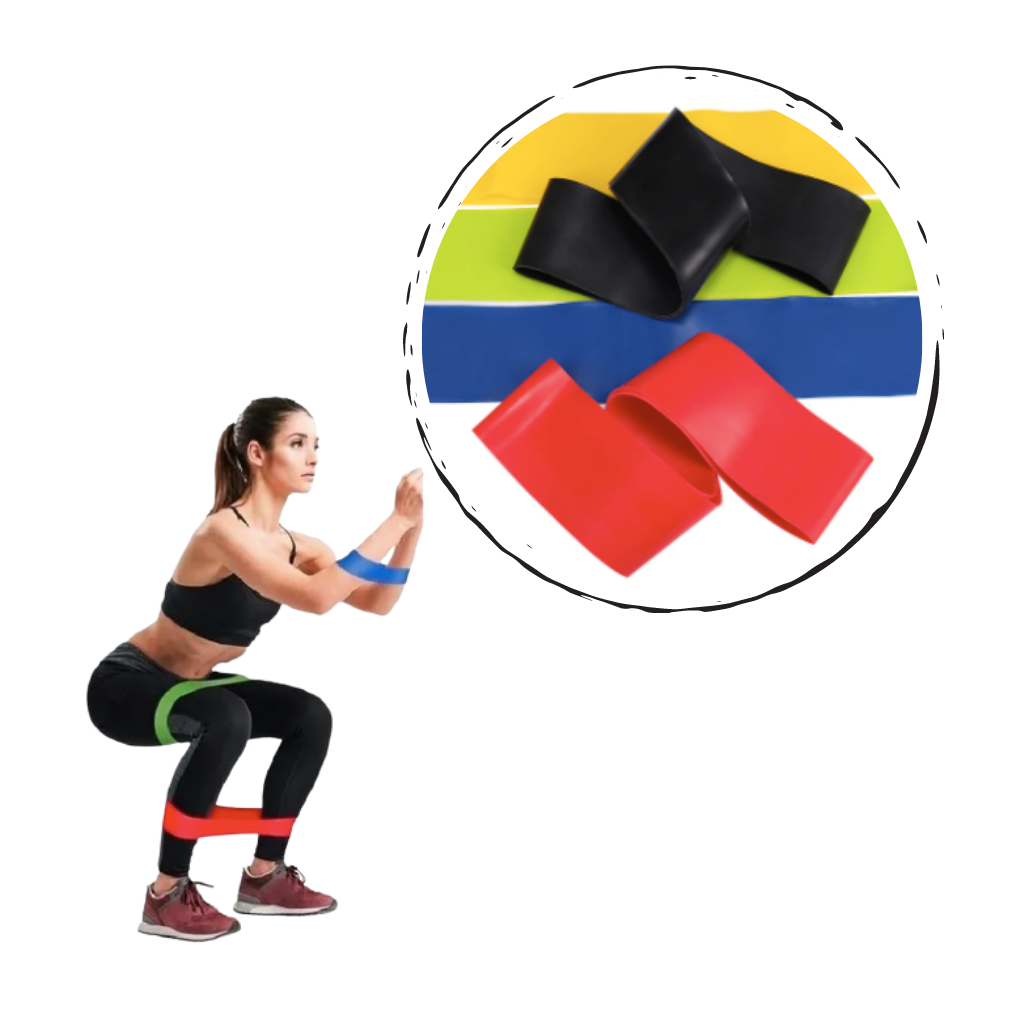 Faixa de resistência em látex da Qsports para exercícios, com diferentes níveis de elasticidade e espessuras variadas.