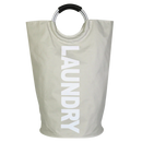 Cesto de roupa dobrável cinza com alças, produto de lavanderia da marca Dokehom, mostrado com roupas dentro.