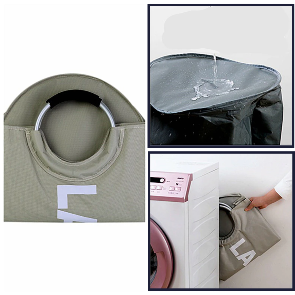 Cesto de roupa dobrável com alças de tecido à prova d'água da Dokehom, ideal para lavanderia e transporte de roupas.