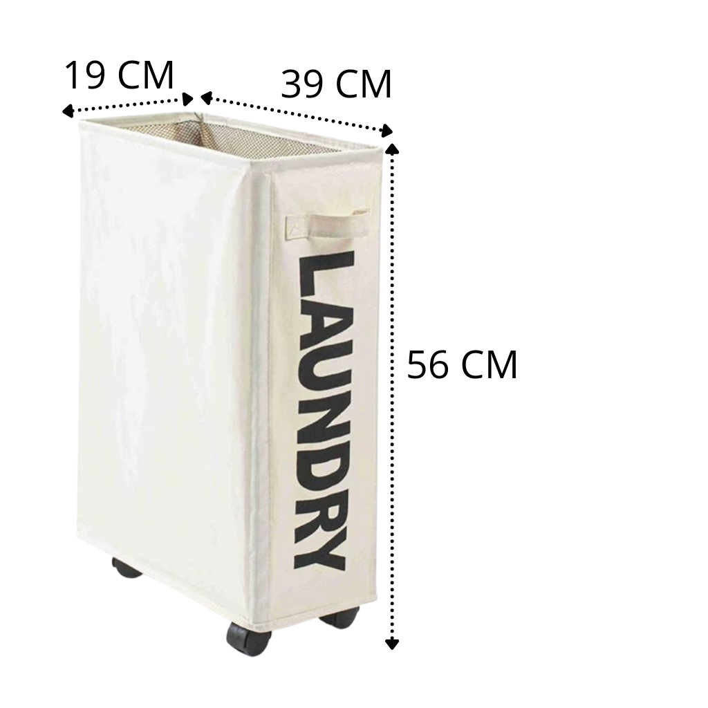 Cesto de roupa portátil com rodízios da Tradecan, produto de lavanderia com estrutura leve e rodas para fácil transporte.
