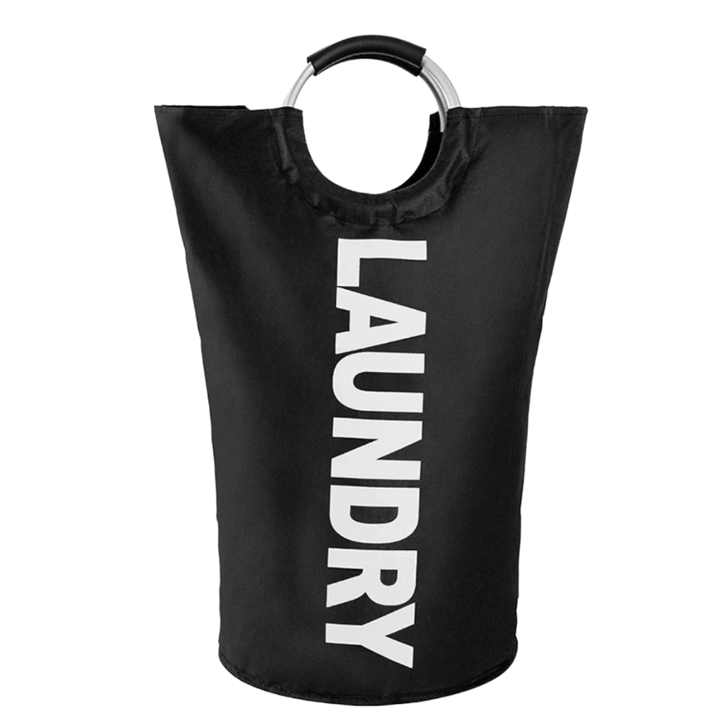 Cesto de roupa dobrável com alças da Dokehom em cor preta, ideal para armazenamento de roupas na lavanderia.