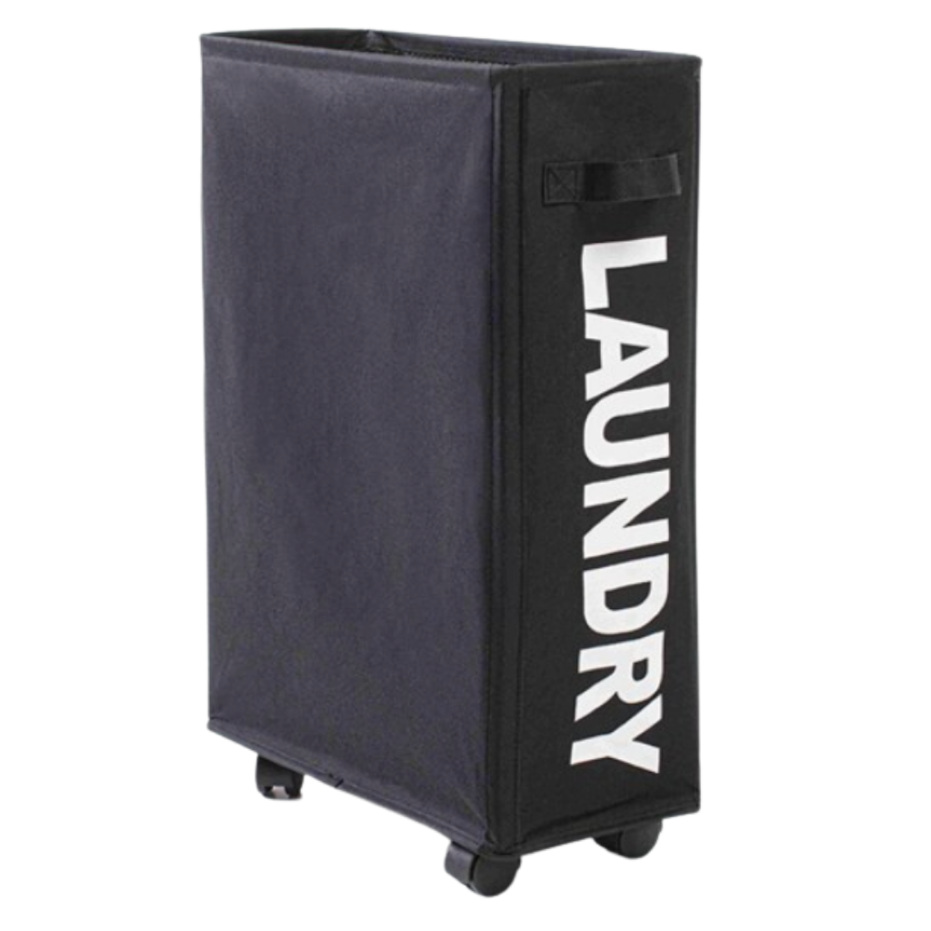 Cesto de roupa portátil com rodas da Tradecan, cesta de lavanderia preta com alças e rodas para fácil transporte.
