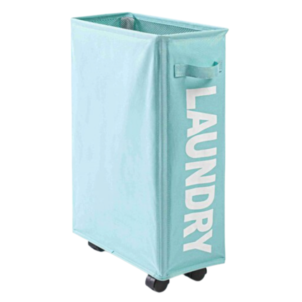 Cesto de roupa portátil com rodas azul da Tradecan, ideal para transporte de roupas na lavanderia.