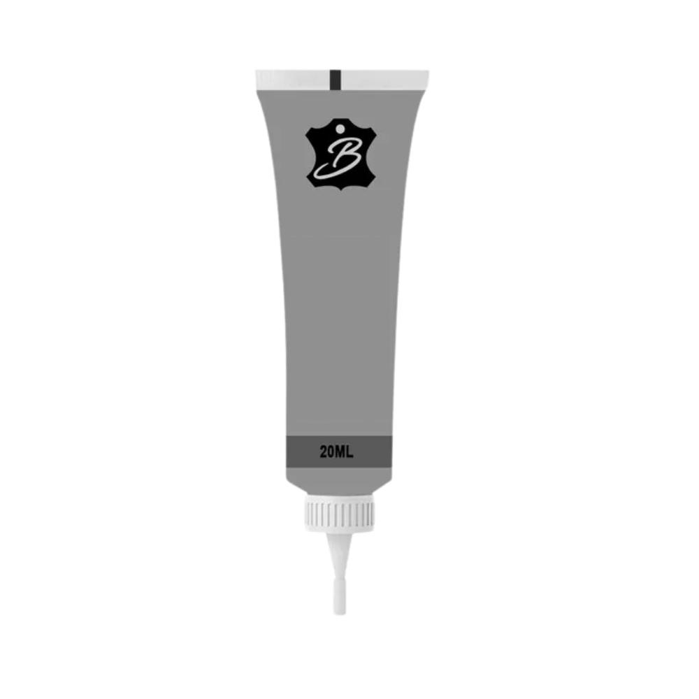 Gel de reparo rápido para couro Viavioe, em embalagem cinza, mostrado aplicando no couro para reparação eficiente