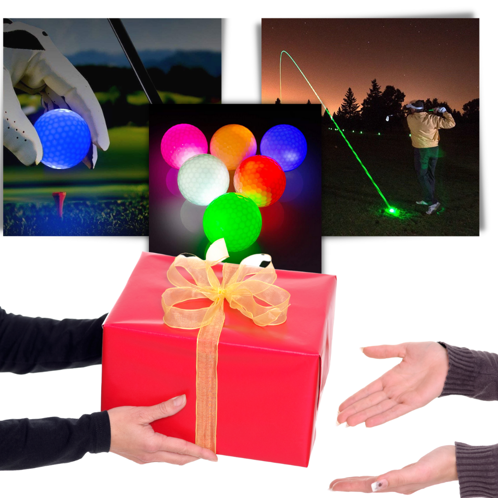 Seis bolas de golfe LED luminárias da marca Yotijar, com superfície branca e detalhes brilhantes, ideal para jogos noturnos.
