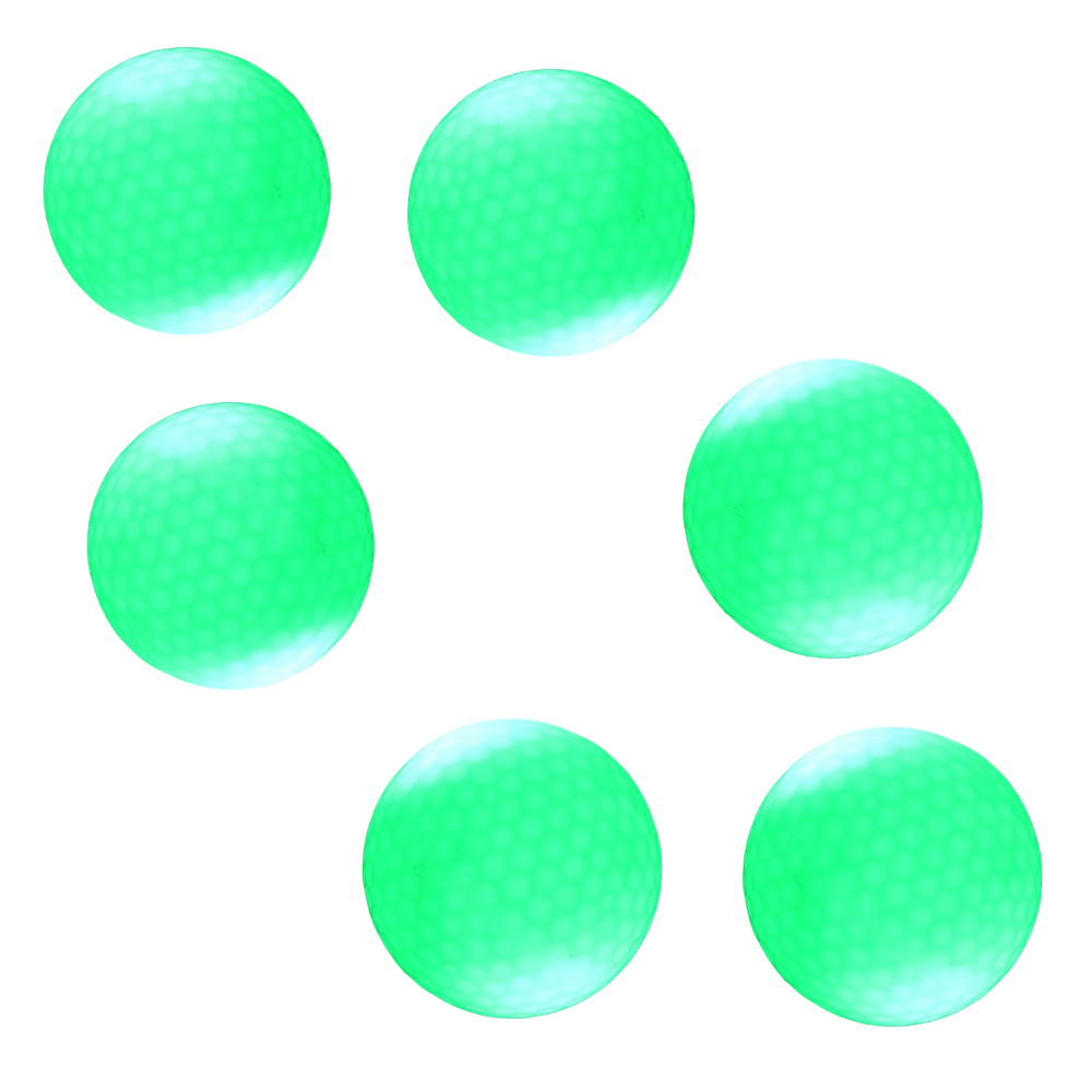 Seis bolas de golfe luminosas LED verdes da marca Yotijar, com detalhes visíveis na imagem.