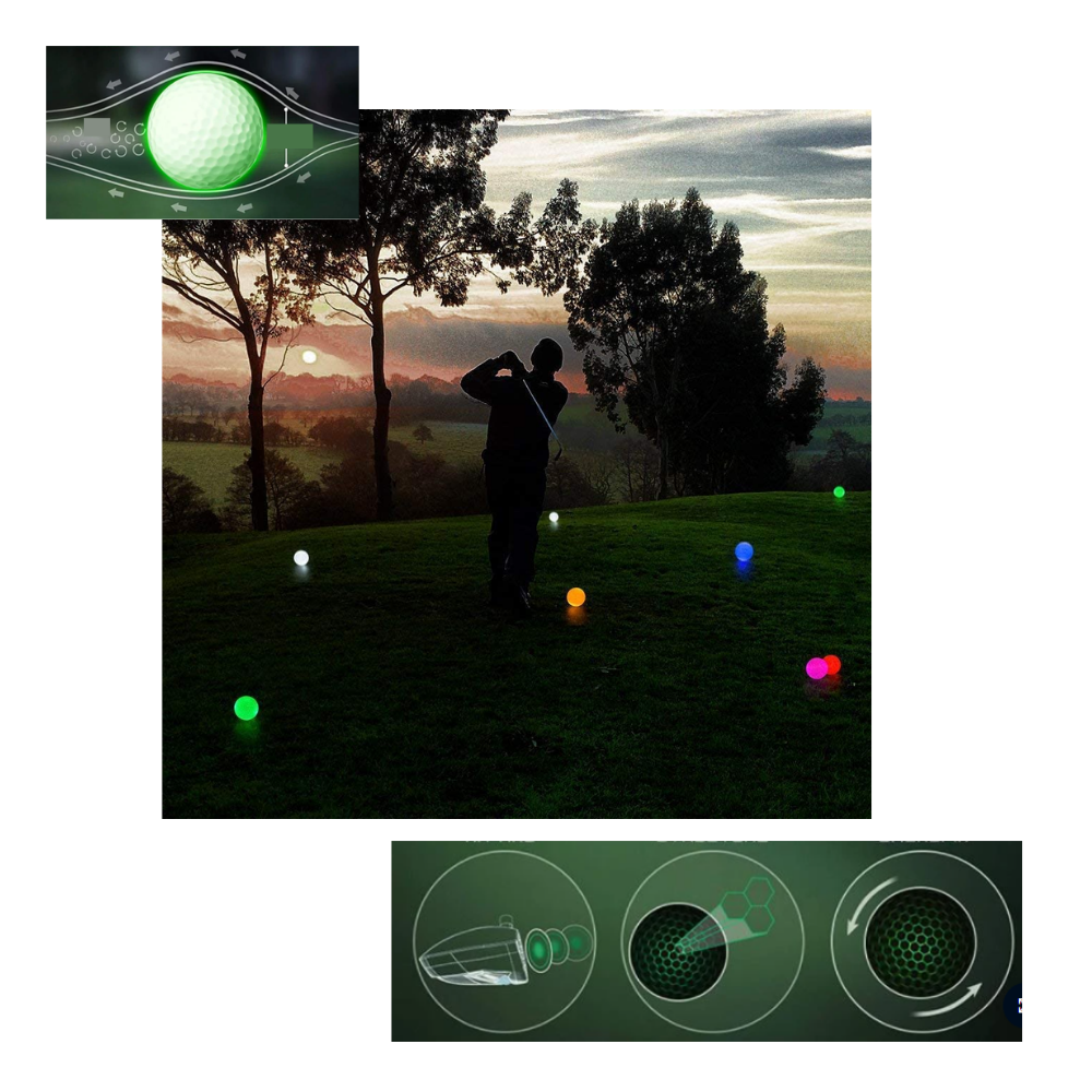 Seis bolas de golfe luminosas com LEDs da marca Yotijar, exibindo detalhes do material e iluminação em fundo branco
