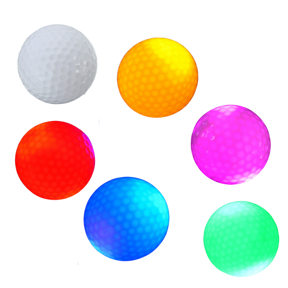 Seis bolas de golfe Yotijar com luz LED colorida, visíveis em um fundo branco, ideal para jogos noturnos de golfe.