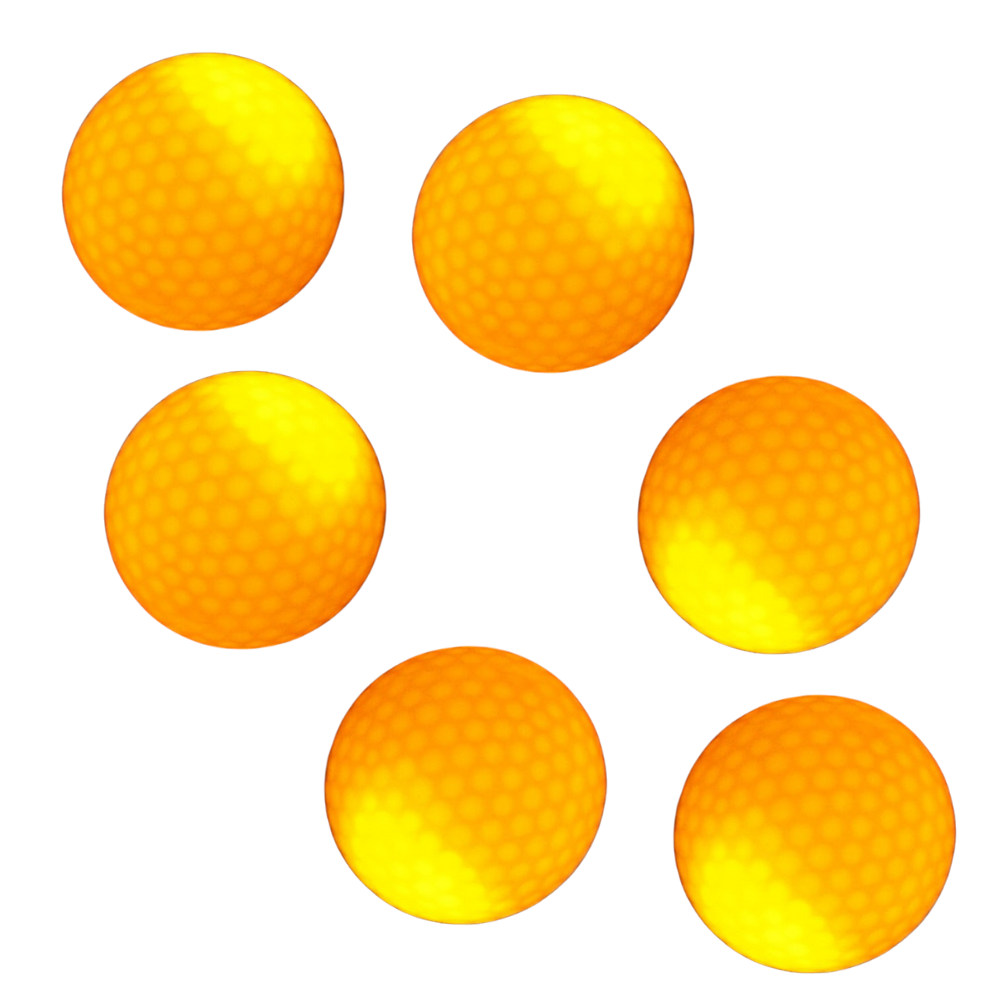 Seis bolas de golfe luminosas Yotijar com LEDs amarelos, visíveis em uma superfície de campo de golfe.