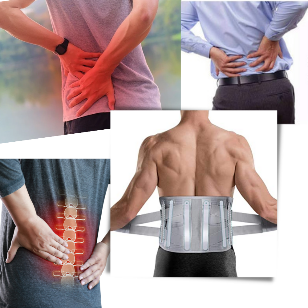 Cinta lombar ortopédica de suporte para costas, modelo Lumbar RELIF, usada para suporte postural e alívio de dor nas costas.