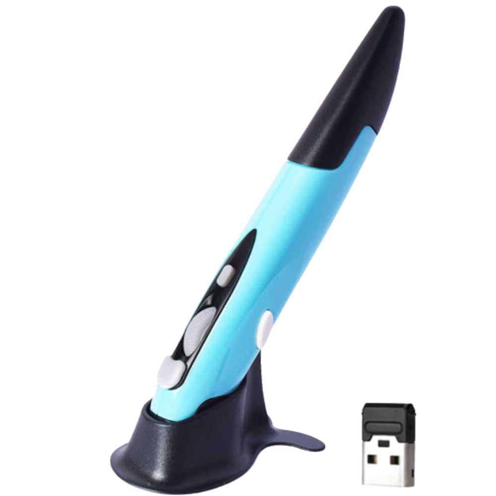 Mouse sem fio em forma de caneta da Kzkr, acessório para computador, na cor azul, com design compacto e ergonômico.