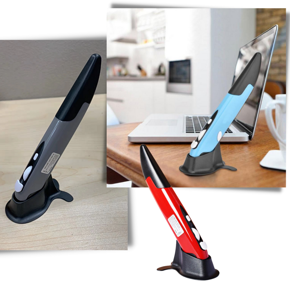 Mouse sem fio em formato de caneta Kzkr, acessório portátil para computadores com design ergonômico e compacto.