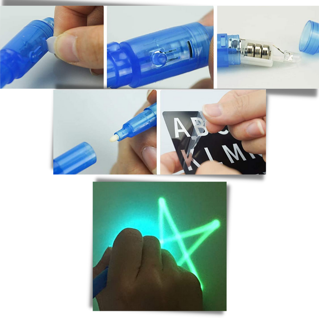 Conjunto de planche de desenho com tinta mágica da Jetpapa, incluindo lápis luminoso e tela para criar desenhos brilhantes.
