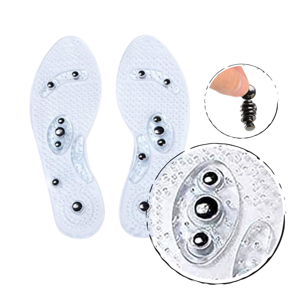 Palmilhas de massagem magnéticas Aetomce para cuidados dos pés, com efeito terapêutico e design ergonômico visível na imagem.